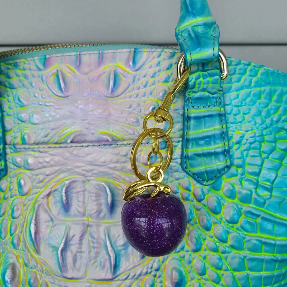Purple Apple Purse Charm and Key Ring Sparkly Gold or Silver Toned Hardware